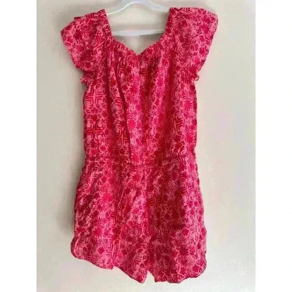 Vineyard Vines Boho Linen Pink Red Tile Otomi Romper Off the Shoulder Size Small - Picture 2 of 8